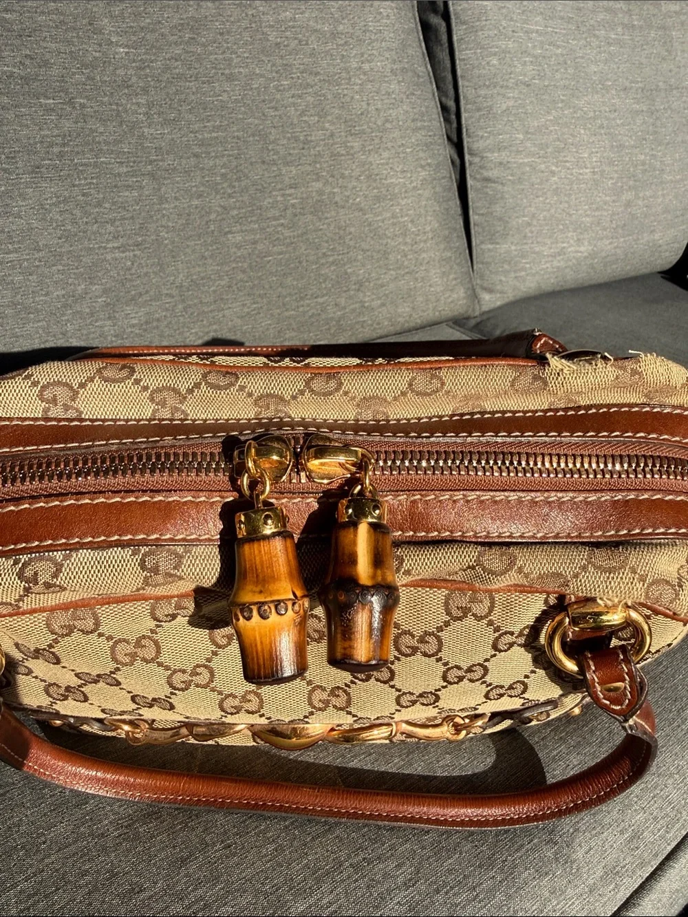 Gucci Brown GG Canvas Satchel with Leather Trim and Gold Hardware